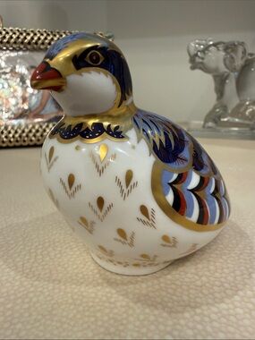 Royal Crown Derby White, Gold, Blue and Red Porcelain Quail Figurine